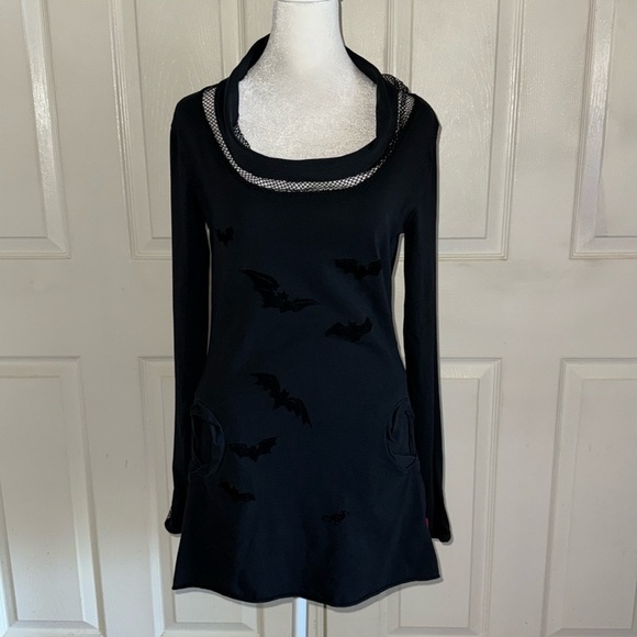 Queen Of Darkness Black Long Mesh Inset Sleeve Cowl Neck Mini Dress - Picture 2 of 14